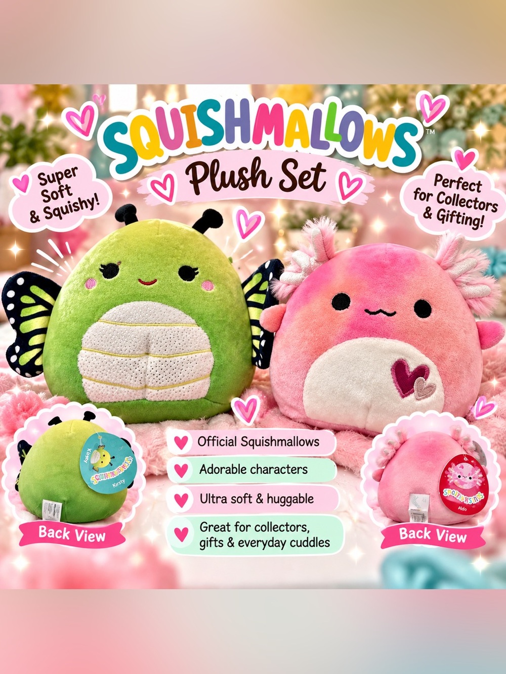 Squishmallows Green & Pink Butterfly & Axolotl Plush Set $58 retail NWT